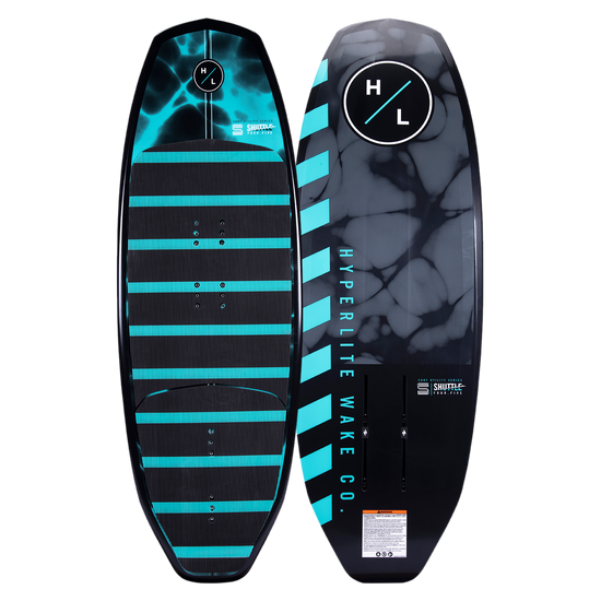 Two black & teal Shuttle wakeboards w/Falcon Foil Kit, geometric designs, Hyperlite Wake Co. branding.