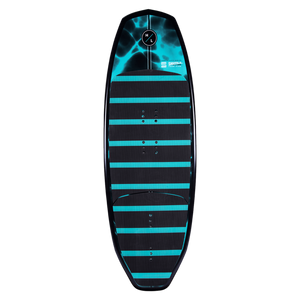 The Shuttle: A blue and black striped wakesurf board, ideal for beginners.