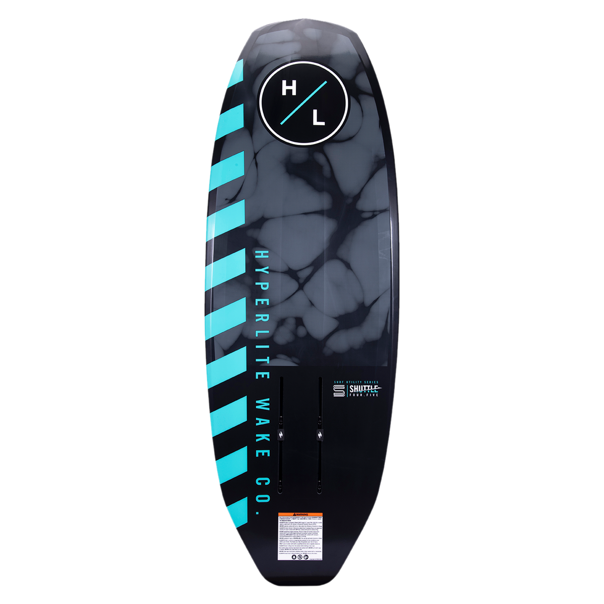 Shuttle wakeboard: Black with blue stripes and Hyperlite Wake Co. text, great for beginners.