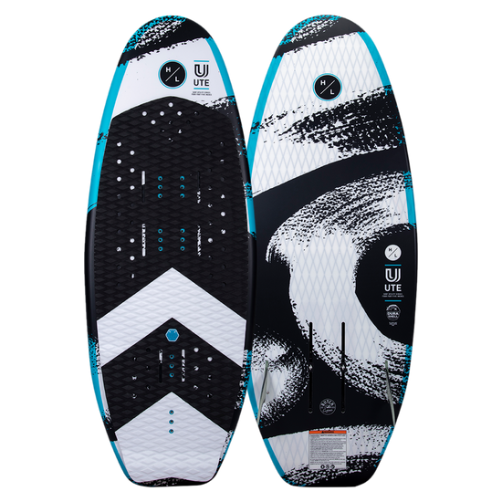 UTE wakeboard with abstract designs and logos, featuring DuraShell construction, displayed.