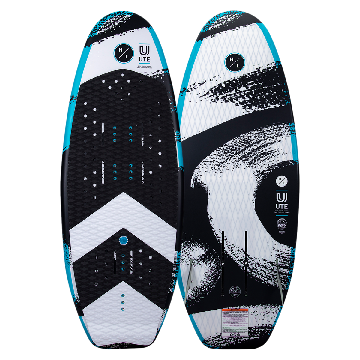 UTE wakeboard with abstract designs and logos, featuring DuraShell construction, displayed.