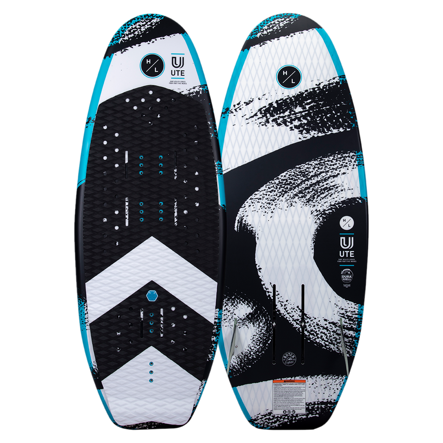 UTE wakeboard with abstract designs and logos, featuring DuraShell construction, displayed.