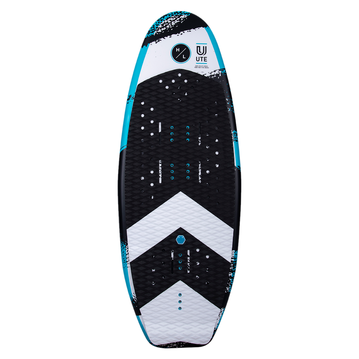 UTE wakeboard in black and blue with chevron pattern and DuraShell construction.