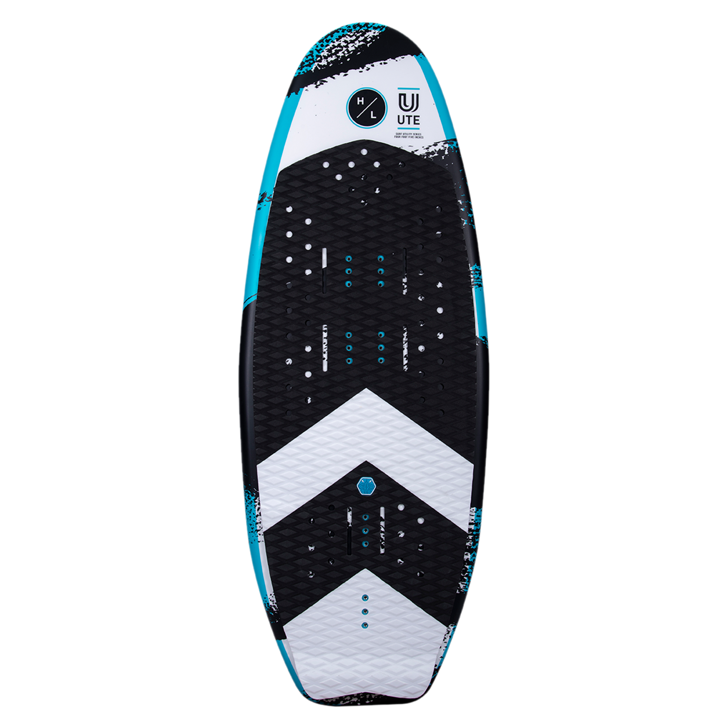 UTE wakeboard in black and blue with chevron pattern and DuraShell construction.
