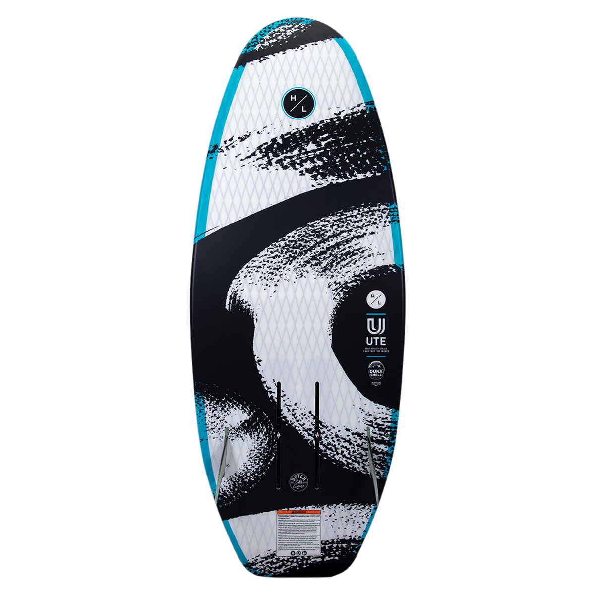 UTE wakeboard with DuraShell, abstract black/white design, and blue edges.