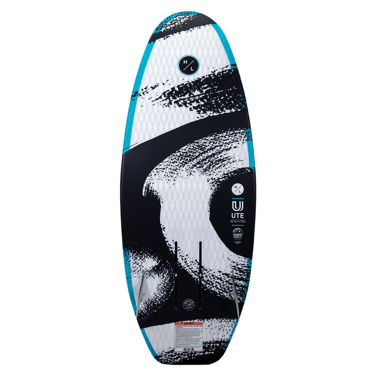 UTE wakeboard with DuraShell, abstract black/white design, and blue edges.