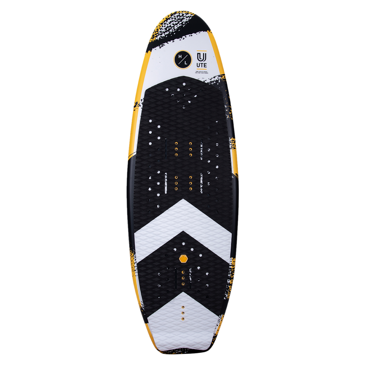 UTE wakeboard: Black/yellow with chevron pattern and DuraShell construction.