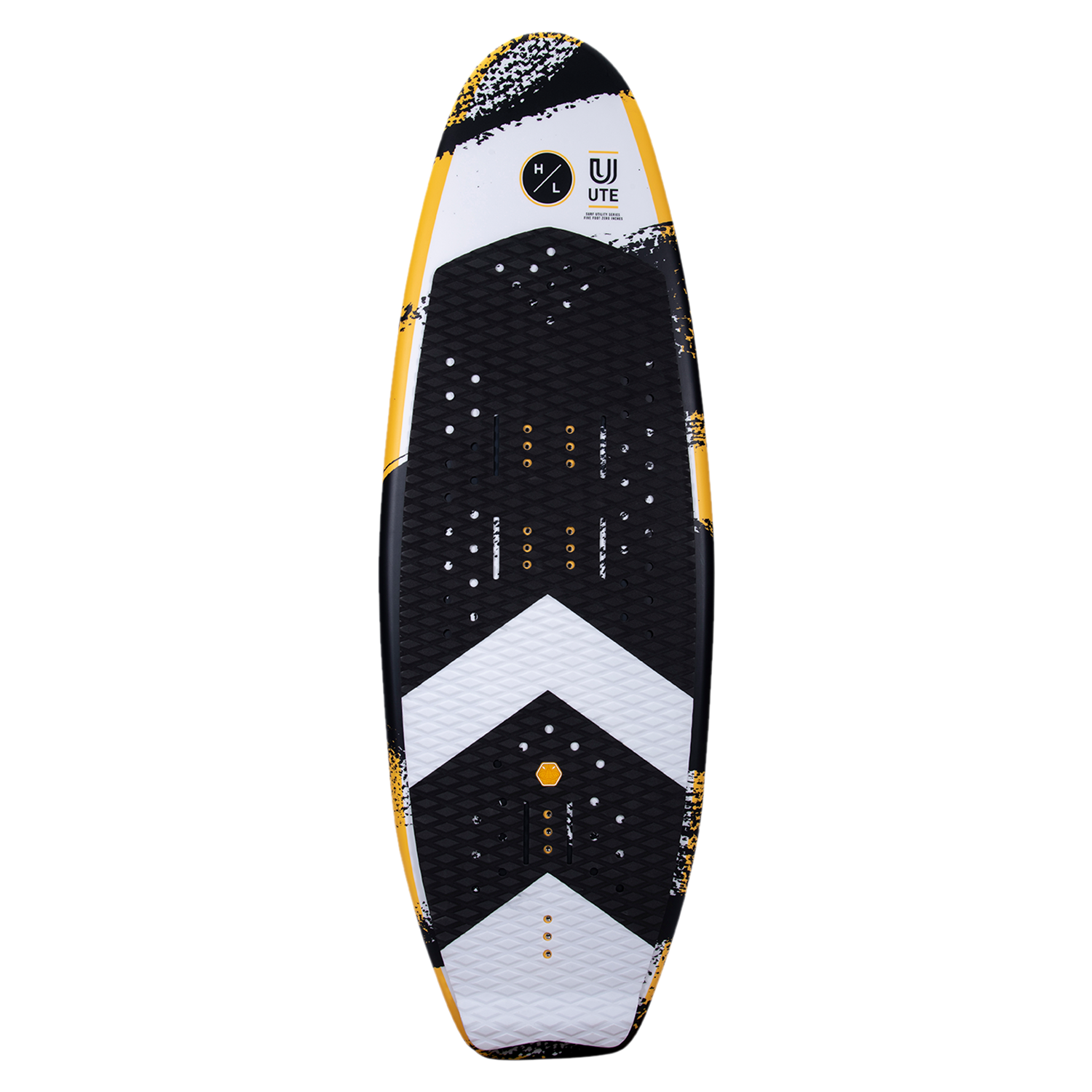 UTE wakeboard: Black/yellow with chevron pattern and DuraShell construction.