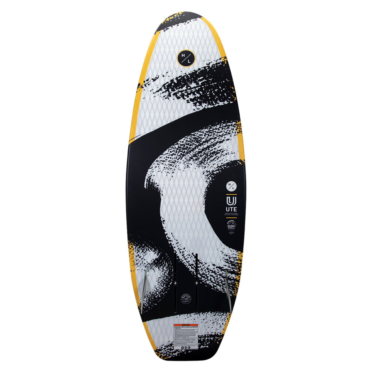 UTE foil board featuring a black and white abstract pattern with vibrant yellow edges.