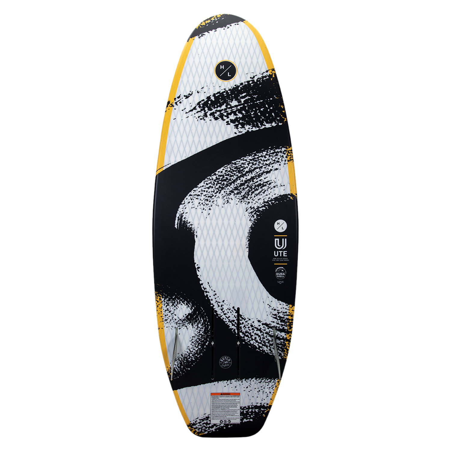 UTE foil board featuring a black and white abstract pattern with vibrant yellow edges.