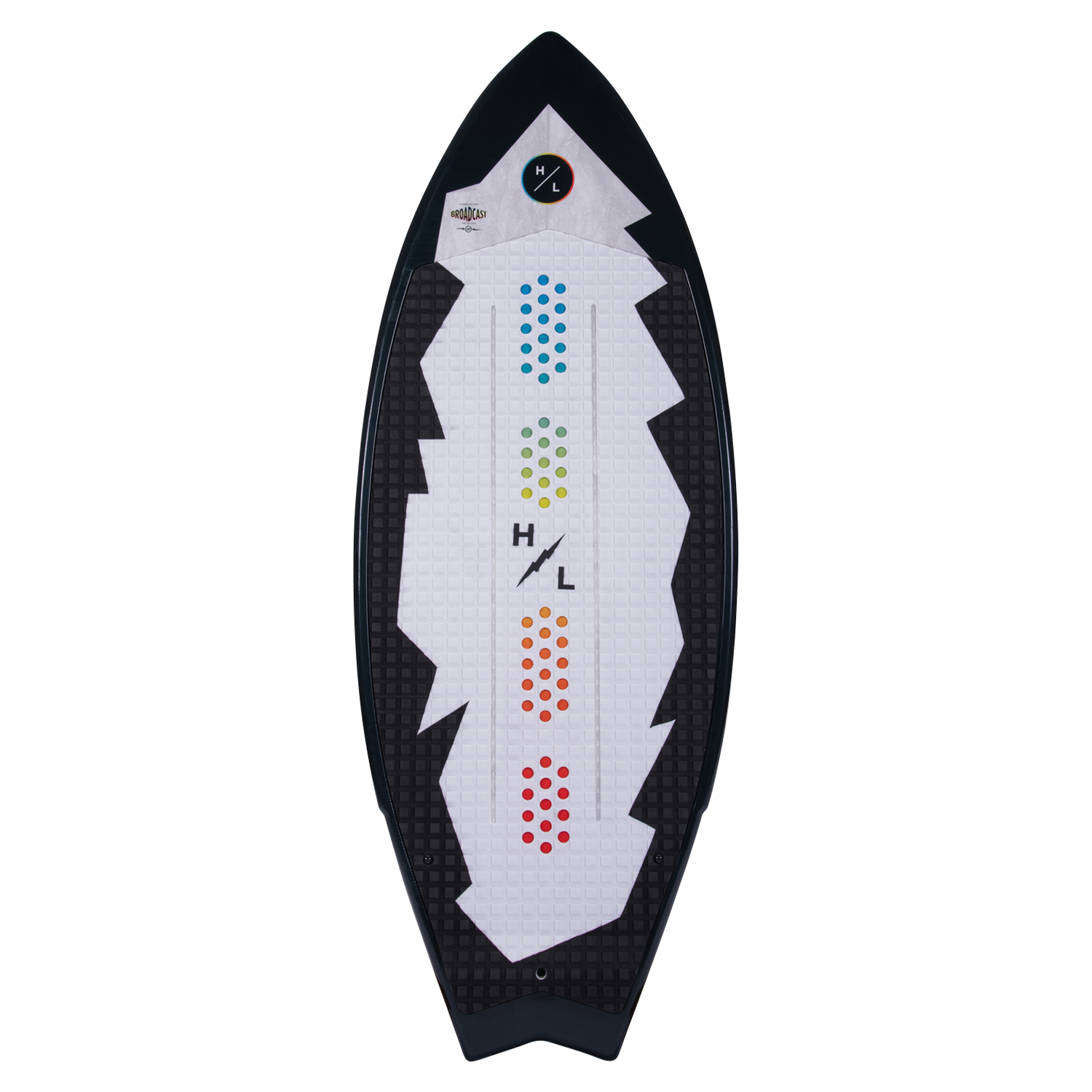 Broadcast: White surface with colorful dots, black edge, and molded EVA traction pad.