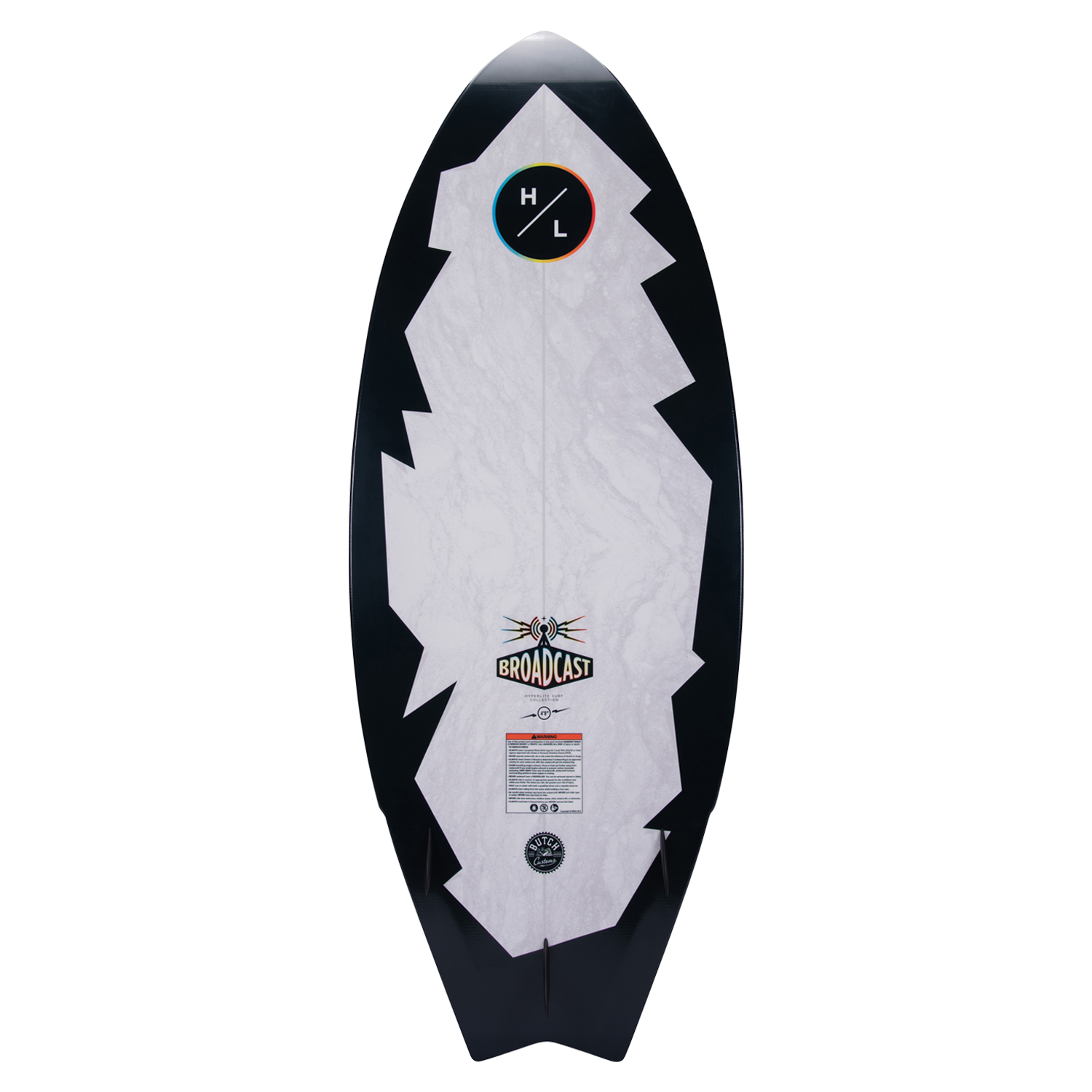 White/black Broadcast wakeboard, HL emblem, EVA traction pad.