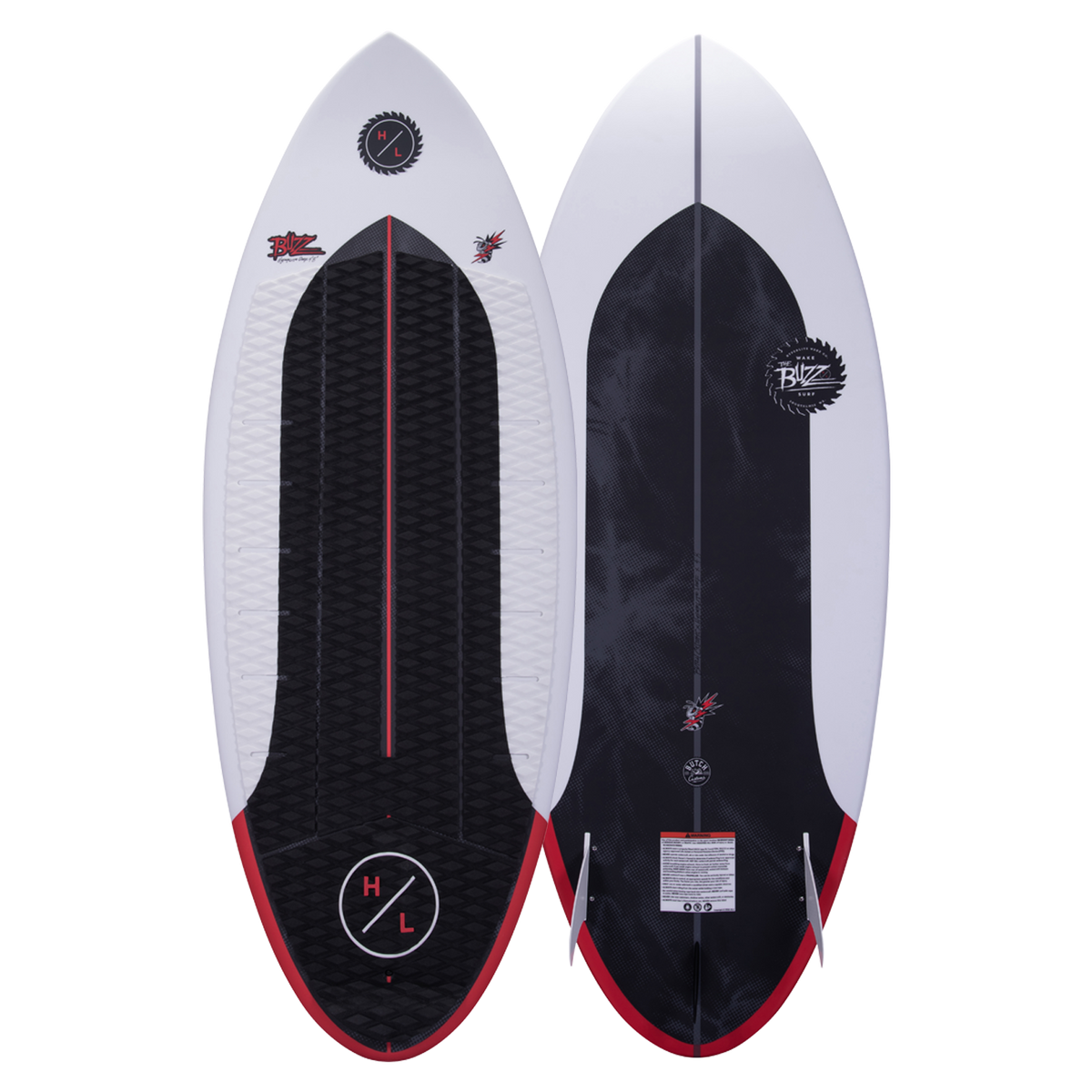 Top and base of Buzz wakeboard with black, white, and red designs using Durashell Construction.