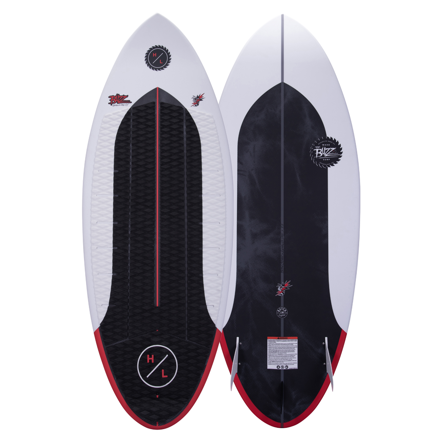 Top and base of Buzz wakeboard with black, white, and red designs using Durashell Construction.