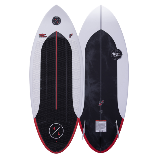 Top and base of Buzz wakeboard with black, white, and red designs using Durashell Construction.
