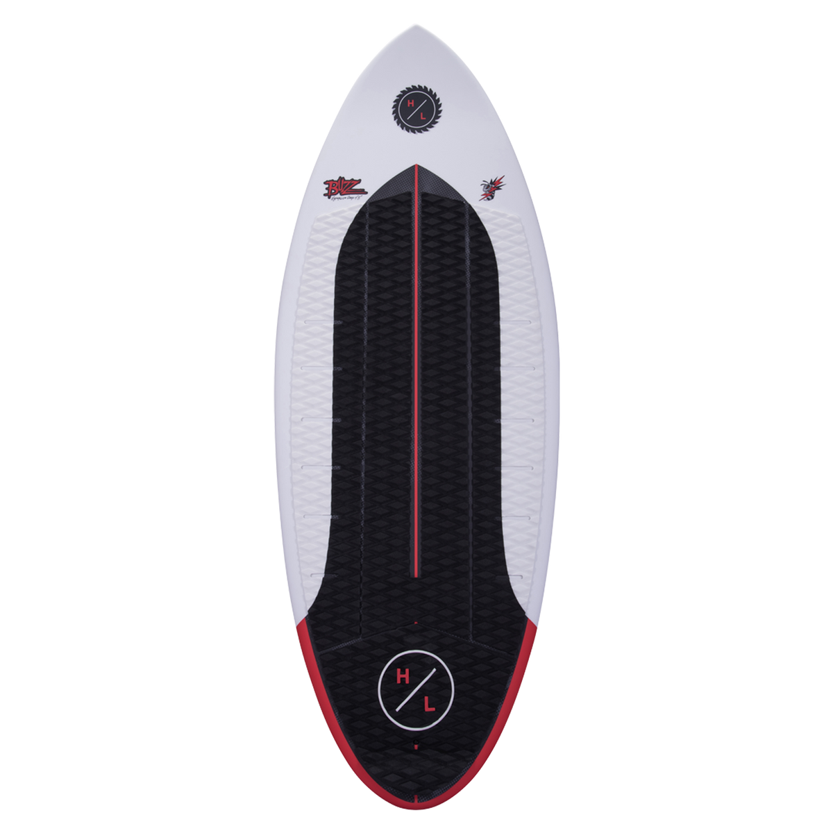 Buzz white surfboard with black/red accents, geometric patterns, and Durashell Construction.