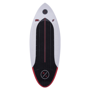 Buzz white surfboard with black/red accents, geometric patterns, and Durashell Construction.