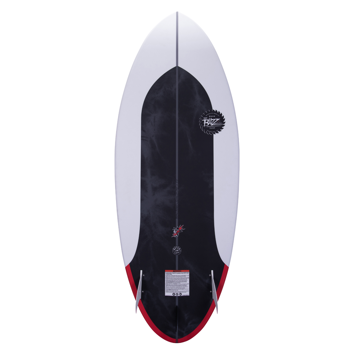 Buzz surfboard: black & white, red accents, Durashell Construction, top logo.