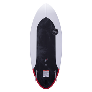 Buzz surfboard: black & white, red accents, Durashell Construction, top logo.