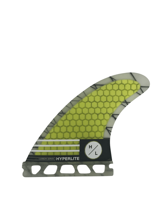 Yellow/black honeycomb fin with HYPERLITE branding & carbon strips; 4.75 Carbon Surf Fin Set.