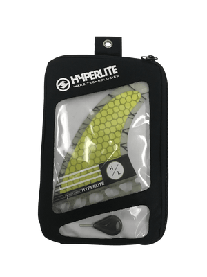 Hyperlite 4.75 Carbon Surf Fin Set w/Key 3-Pack with wakesurf tech in a black case.