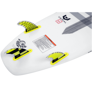 Surfboard set includes 4.75 Carbon Fin 3-Pack w/key, brand logos, and a warning label.