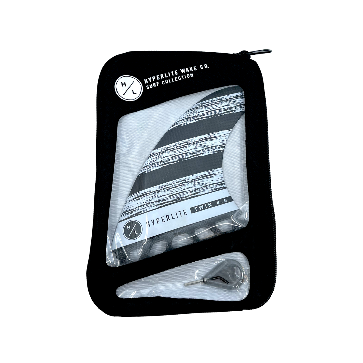 4.6 Carbon Twin Fin set with stripes comes in a black zippered case for powerful turns.