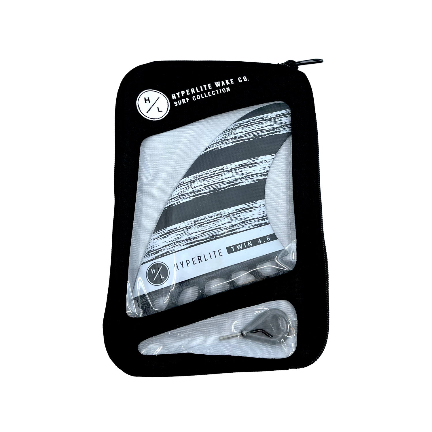 4.6 Carbon Twin Fin set with stripes comes in a black zippered case for powerful turns.