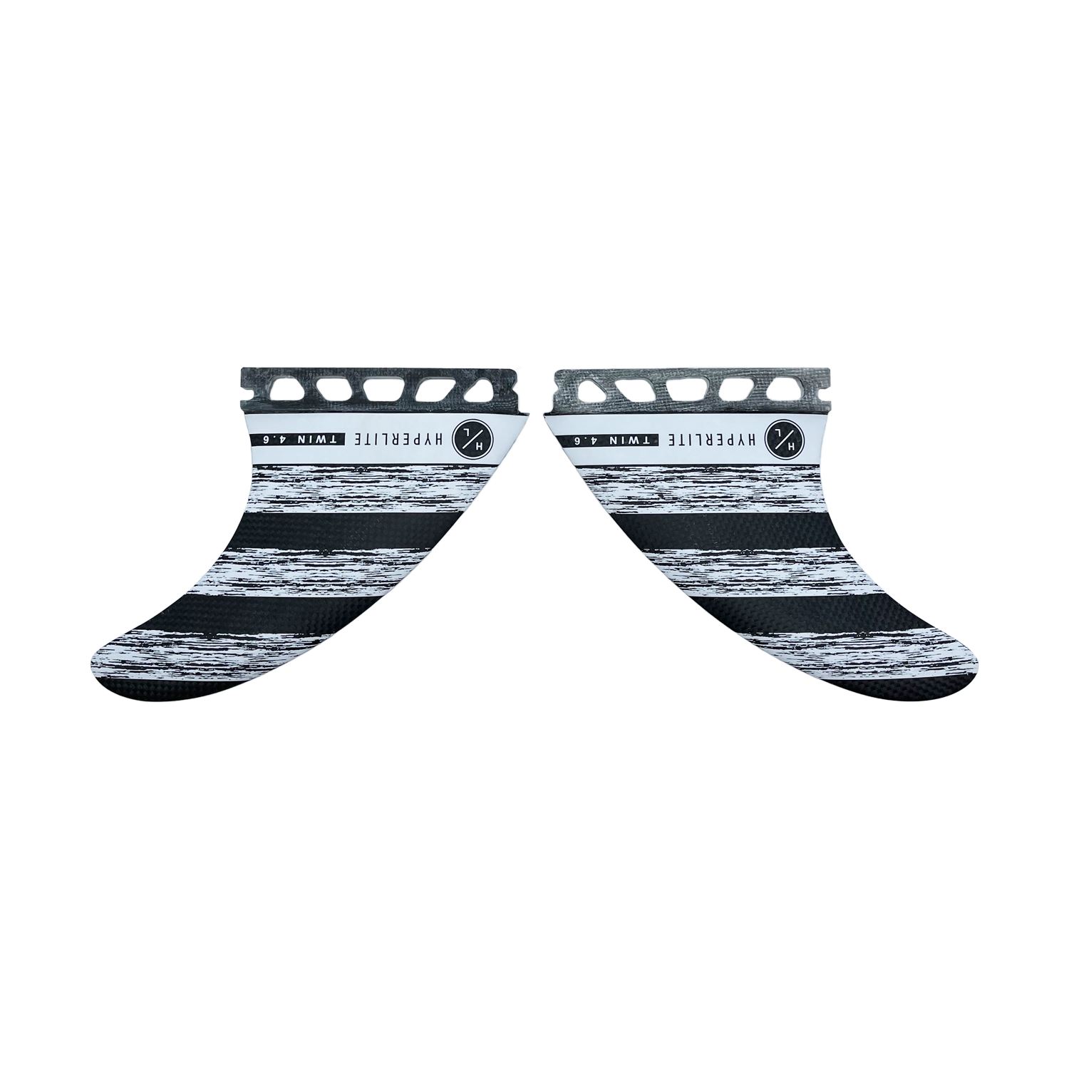 4.6 Carbon Twin Fin Pair with textured bases and carbon construction facing each other.