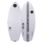 Top and base of Condor 2024 wakeboard in white with black logos and a patterned stripe.
