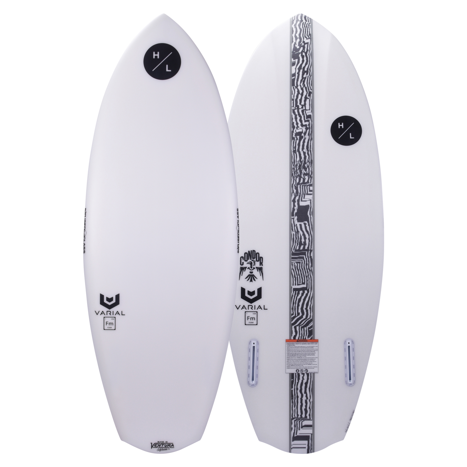 Top and base of Condor 2024 wakeboard in white with black logos and a patterned stripe.