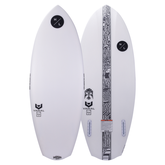 Top and base of Condor 2024 wakeboard in white with black logos and a patterned stripe.