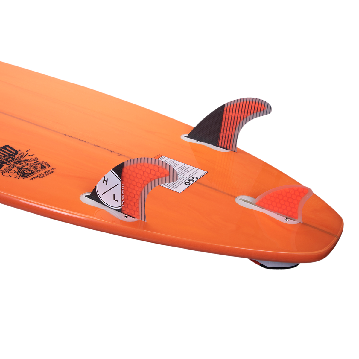 Orange surfboard with a Droid 3 Fin Set w/Key on the bottom.