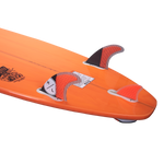 Orange surfboard with a Droid 3 Fin Set w/Key on the bottom.