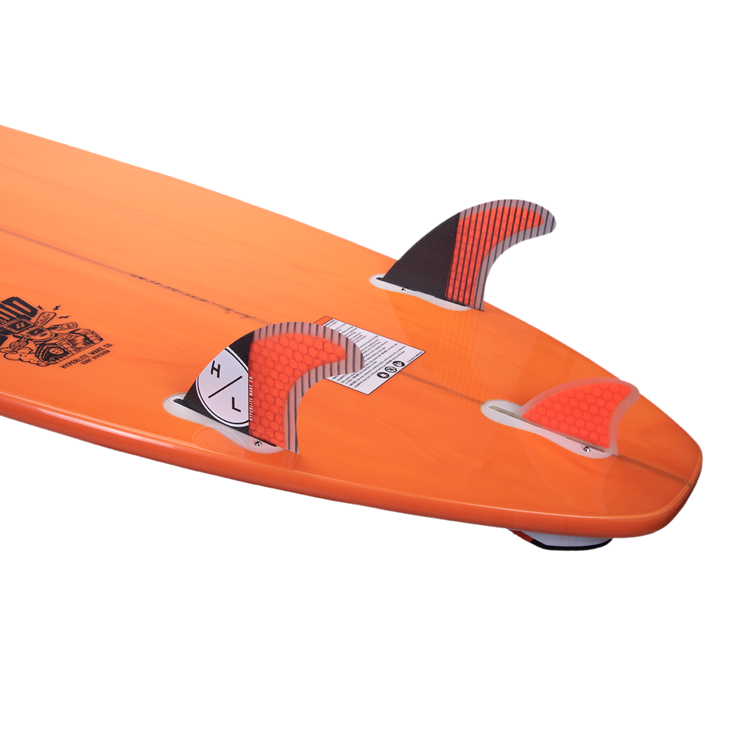 Orange surfboard with a Droid 3 Fin Set w/Key on the bottom.