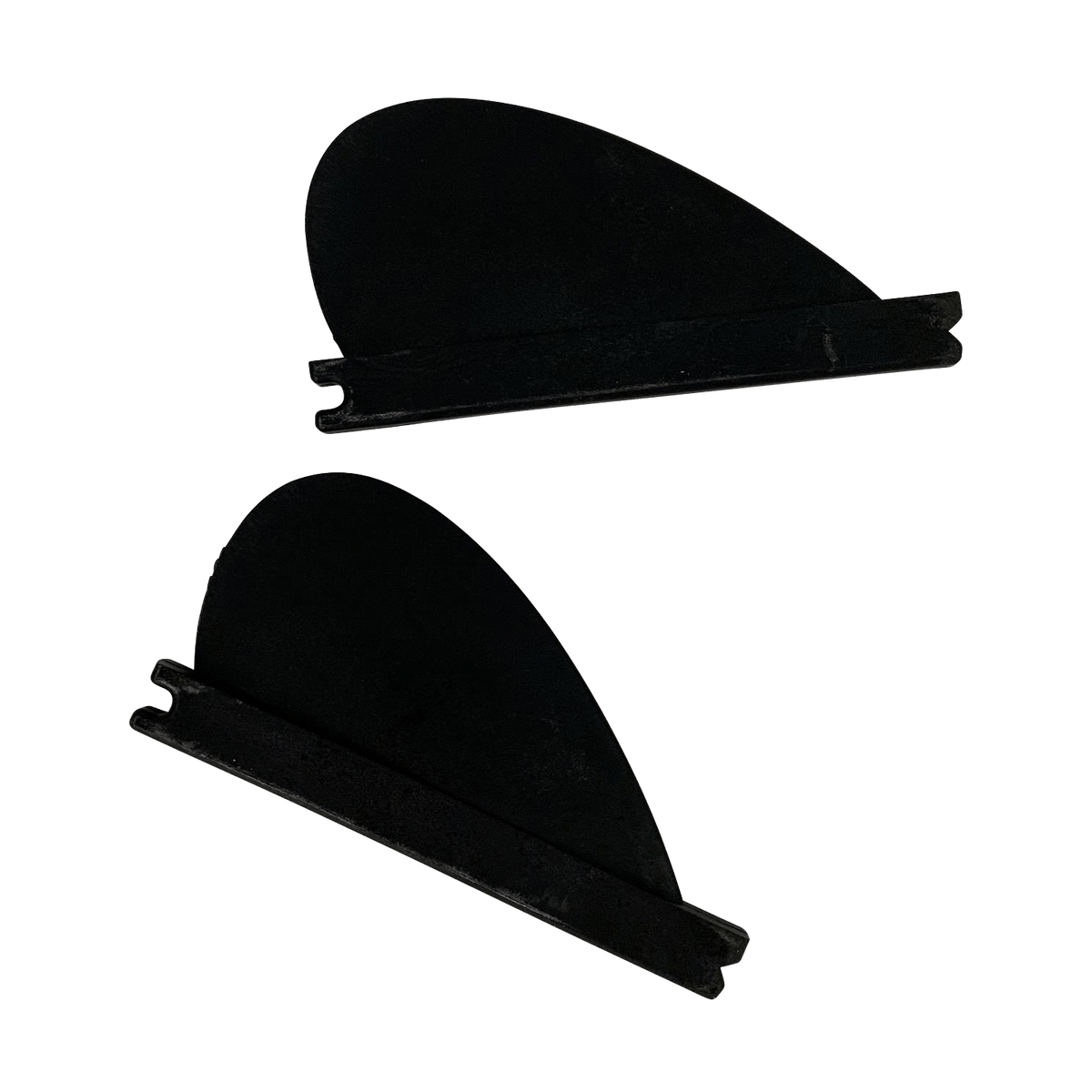 Two 1.7 Drop Surf Fins against a dark surface.