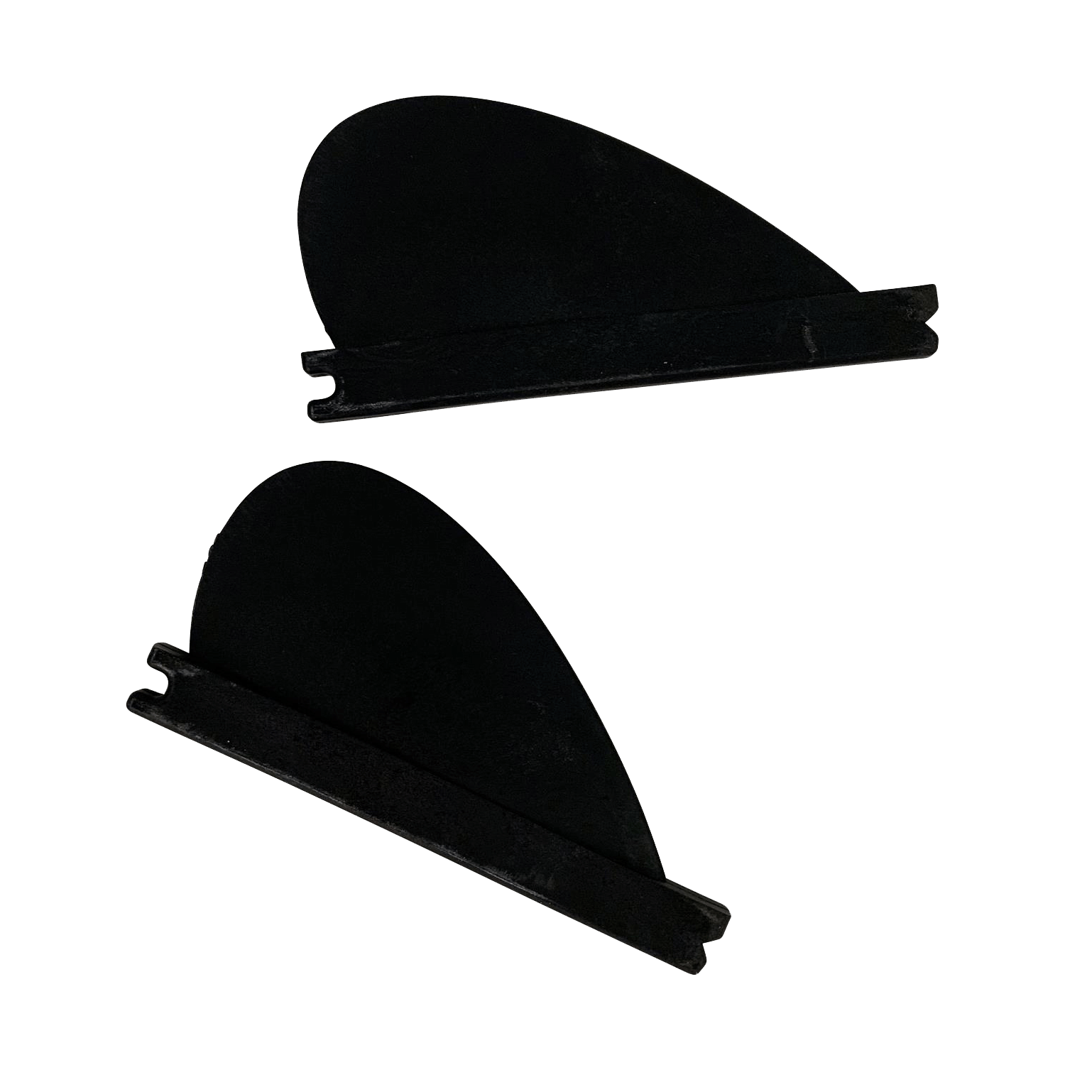 Two 1.7 Drop Surf Fins against a dark surface.