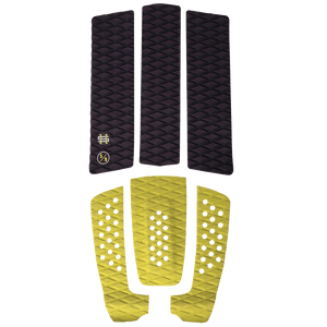 Wakesurf EVA Traction Pad Kit: Black/yellow pads with textures and logo for wakesurfers.