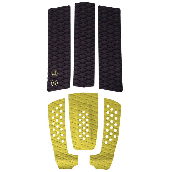 Wakesurf EVA Traction Pad Kit: Black/yellow pads with textures and logo for wakesurfers.
