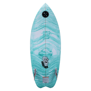 Frother 2.0: A turquoise wakeboard with twin fins and a cartoon character graphic.