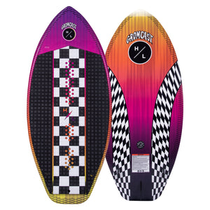 Gromcast wakeboard: checkerboard & geometric patterns in purple, orange, and black.