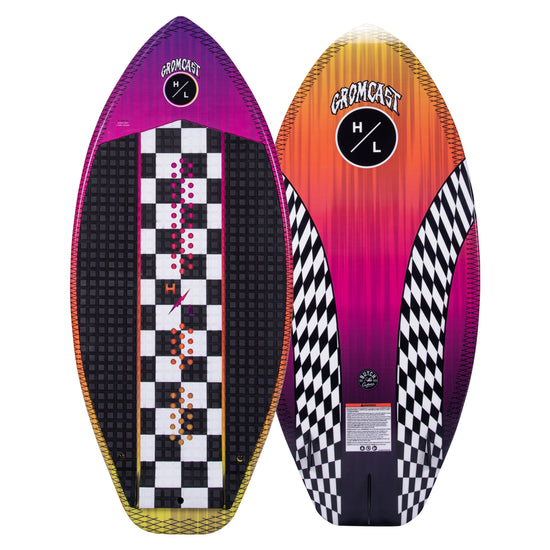 Gromcast wakeboard: checkerboard & geometric patterns in purple, orange, and black.