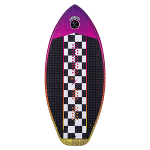Checkered kids wakeboard with purple edges and Gromcast logo on top.