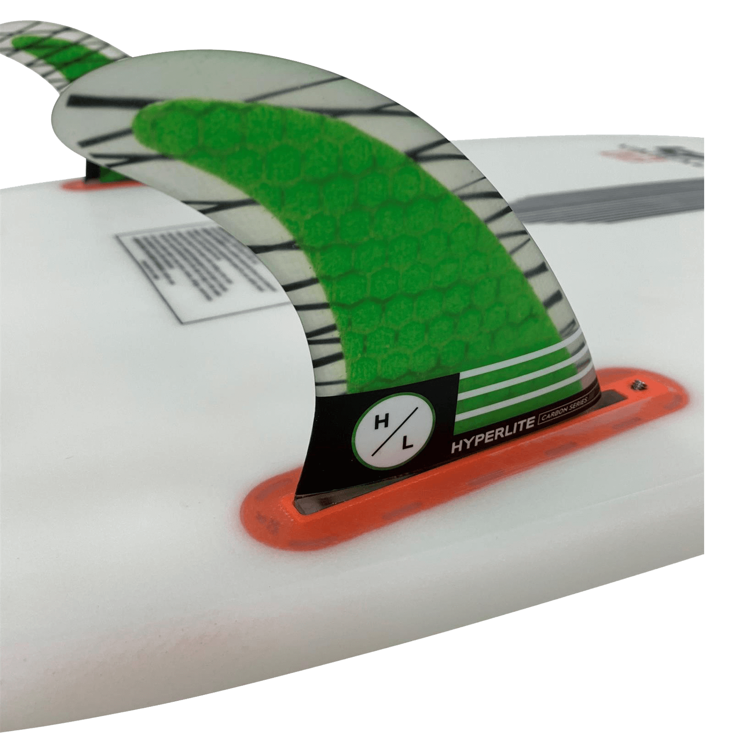 Close-up of the 4.5 RIOT Carbon Surf Fin Kit with RTM construction and green/black stripes.