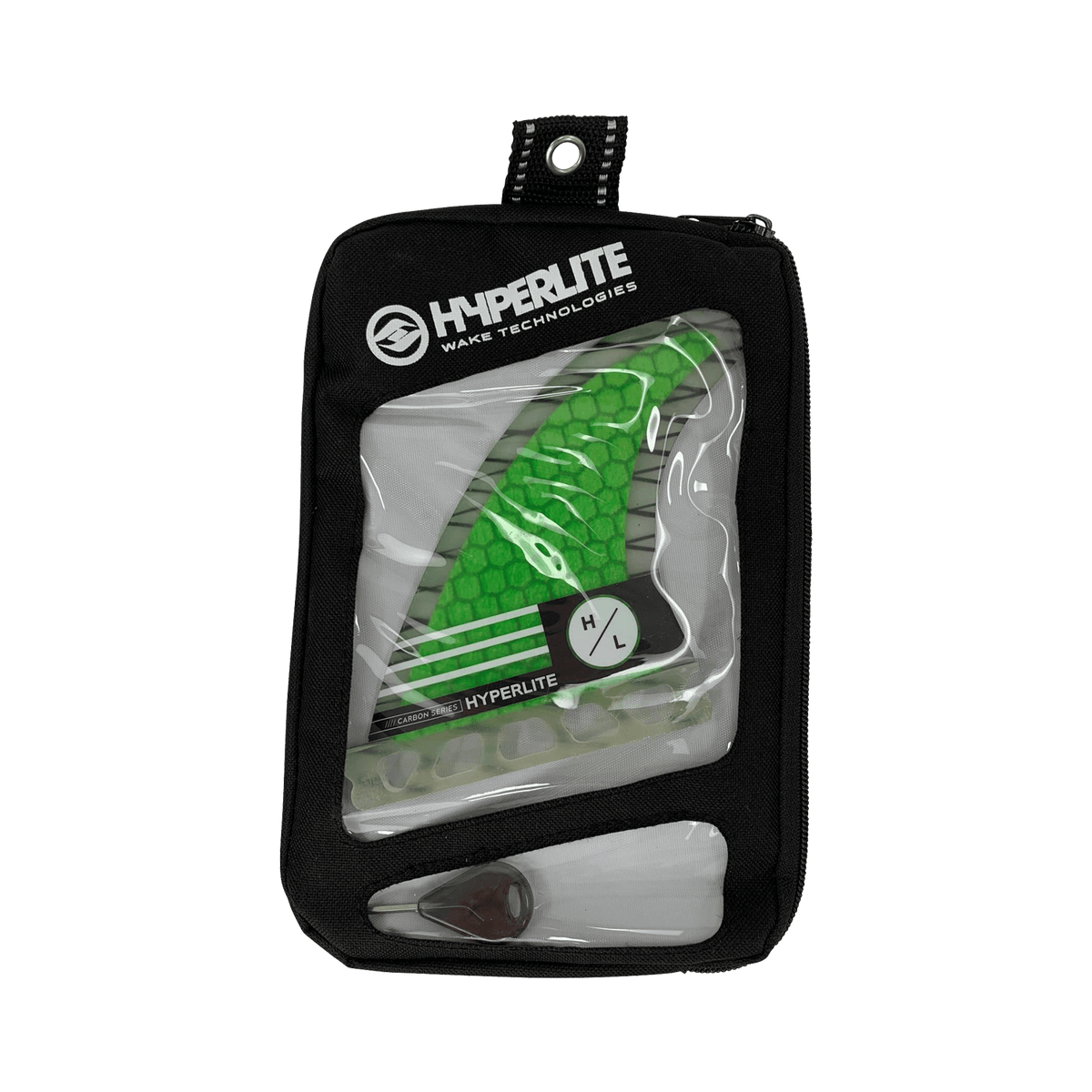 4.5 RIOT Carbon Surf Fin Kit with pouch in black with clear windows.