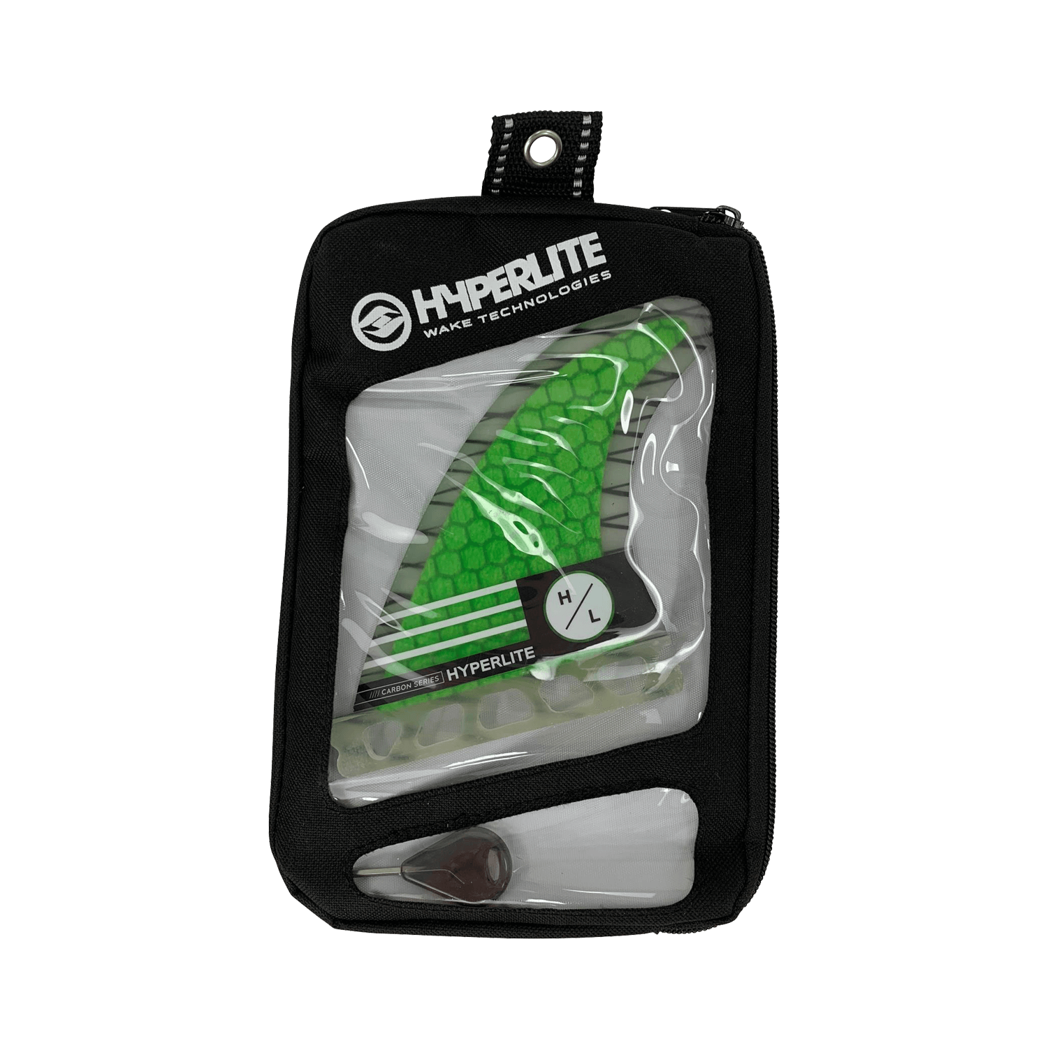 4.5 RIOT Carbon Surf Fin Kit with pouch in black with clear windows.