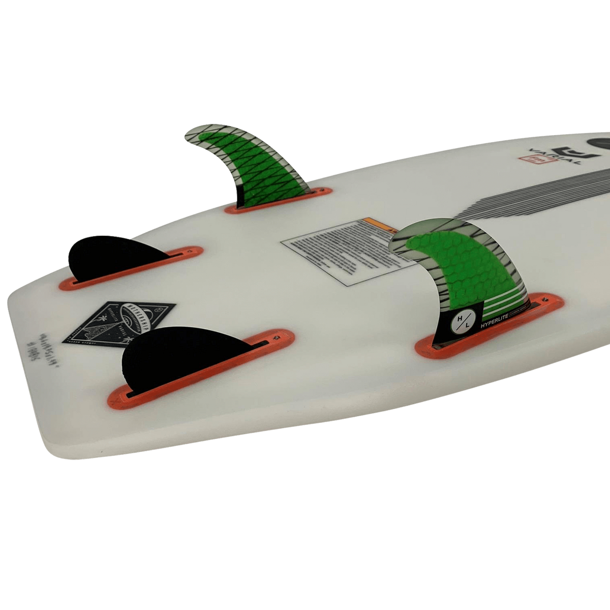 RIOT Carbon Surfboard with RTM bottom, includes three green & black fins.