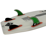 RIOT Carbon Surfboard with RTM bottom, includes three green & black fins.