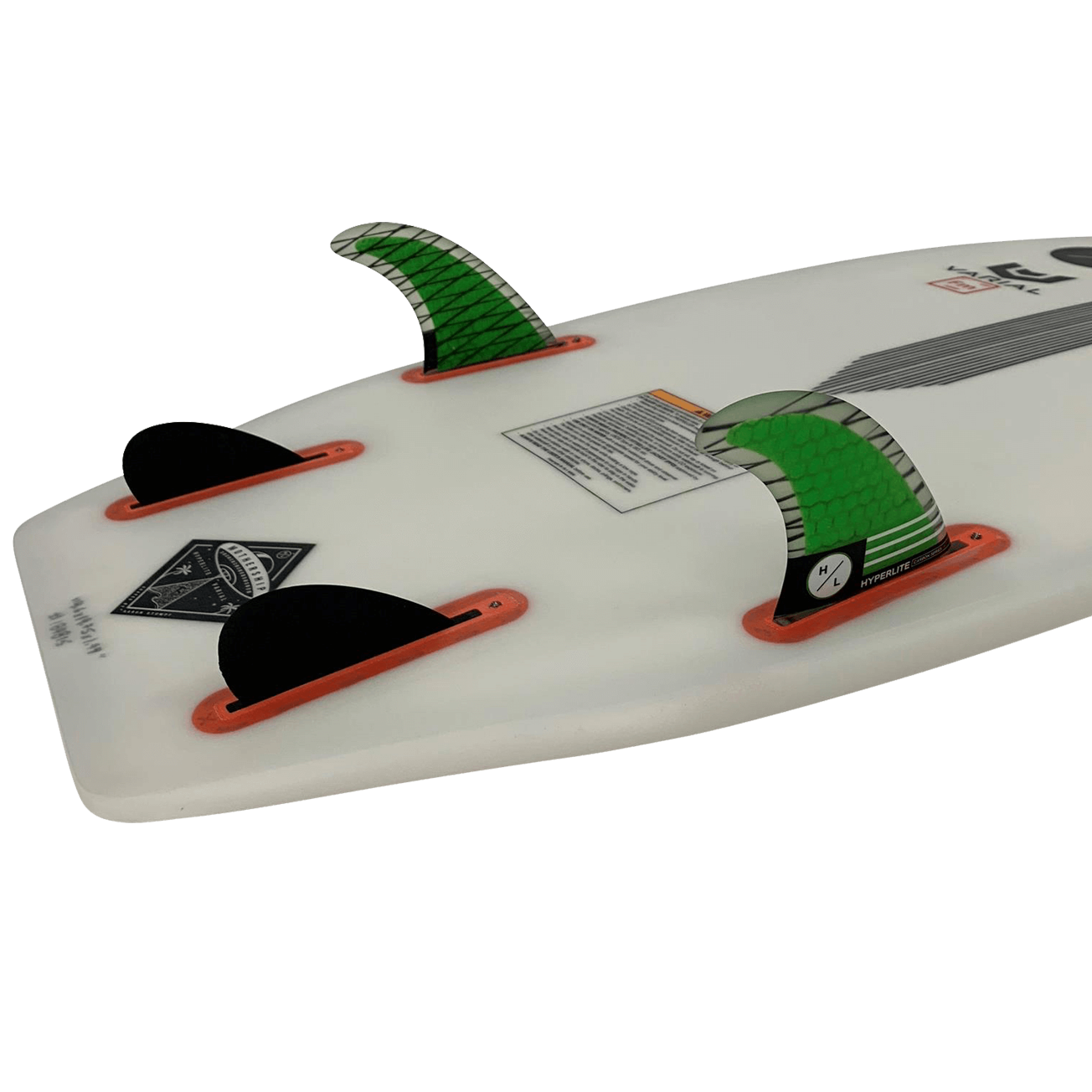 RIOT Carbon Surfboard with RTM bottom, includes three green & black fins.