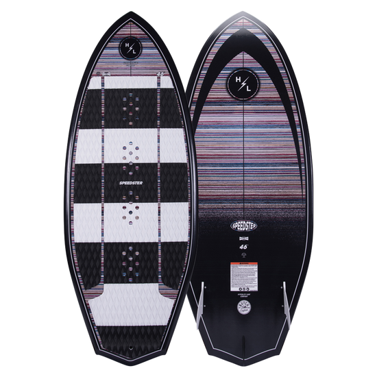 Top and base of colorful Speedster wakeboard with stripes and branded logos.